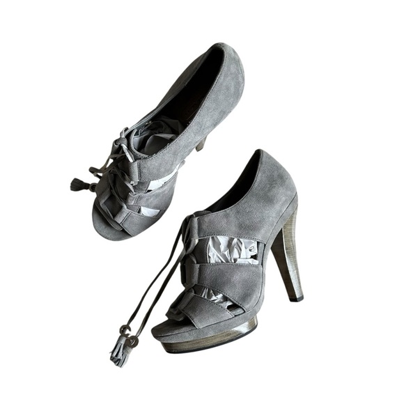 Coach Teagan Genuine Suede Leather Lace Up Open Toe High Heels In Gray Size 7 - Picture 2 of 12